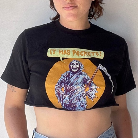 Grim Reaper “it has pockets!” Crop top T-shirt - Picture 1 of 4